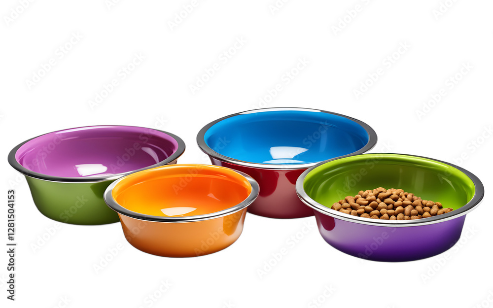 Poster a set of colorful pet food bowls, isolated on a empty plain background