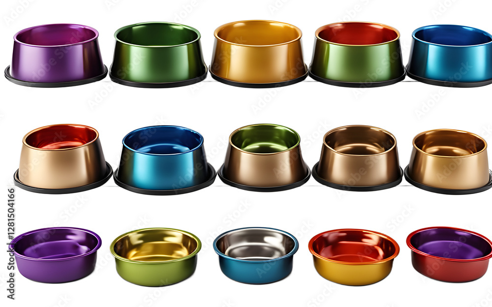 Poster a set of colorful pet food bowls, isolated on a empty plain background