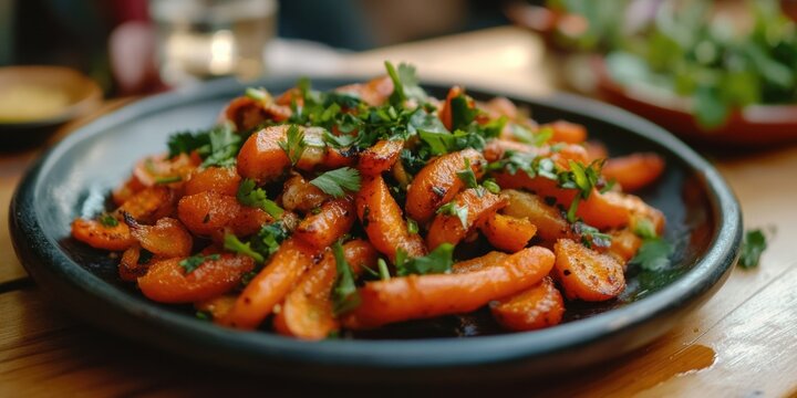 A delightful assortment of roasted carrots garnished with fresh cilantro and a hint of spice.
