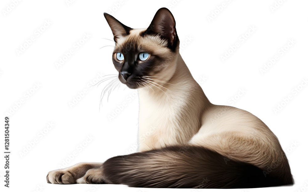 Poster A sleek Siamese cat stretching with its tail raised, isolated on a empty plain background