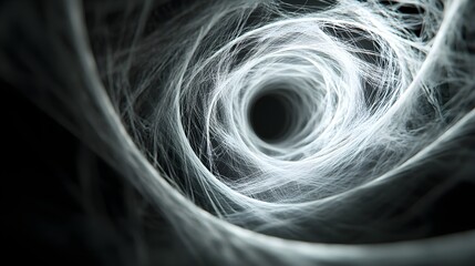 Abstract spiral tunnel of web on black background from thread-like fibers. Surreal illustration of mystic dark hole