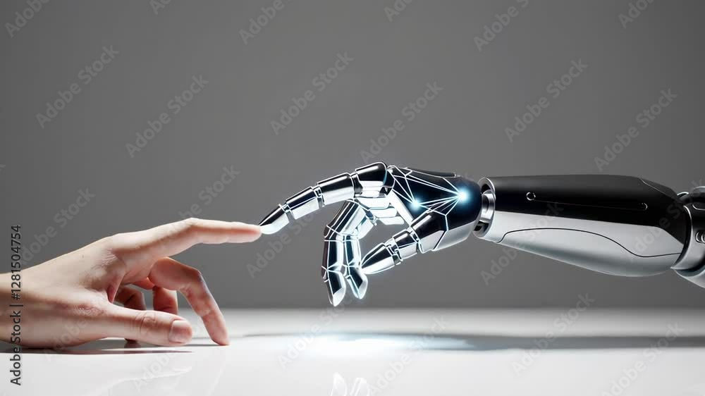 Poster human and robotic hand gently touching fingertips, symbolizing technological synergy and collaborati