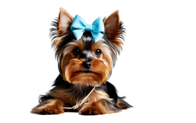 A small Yorkshire Terrier with a cute bow on its head, isolated on a empty plain background