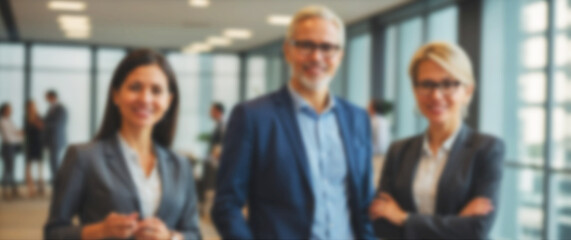 Fototapeta premium Blurry office background highlighting a casual chat among three well-dressed colleagues