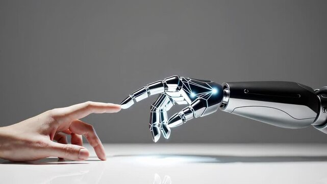 Human and robotic hand gently touching fingertips, symbolizing technological synergy and collaborative potential, representing futuristic human robot interaction against minimalist white background