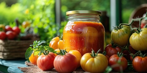Colorful fresh ripe tomatoes with a jar of homemade pesto, emphasizing healthy and locally sourced produce.