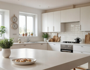 Fototapeta premium White kitchen table with blurred background of a modern kitchen. Perfect for showcasing products or food.