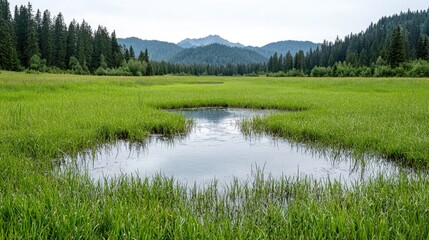 Obraz premium Small calm pond reflects the sky in a lush green mountain meadow surrounded by dense pine forest.