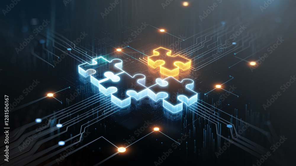 Aufkleber A futuristic digital concept image with glowing puzzle pieces and a connected network, symbolizing data integration, technology, and problem-solving in a digital world.