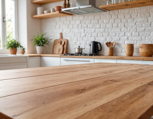 White kitchen table with blurred background of a modern kitchen. Perfect for showcasing products or food.