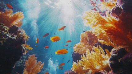 Underwater Serenity Golden Fish Swim Among Coral Reefs Illuminated by Sunbeams in a Tropical Ocean Paradise