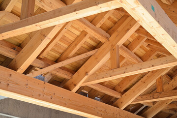 Laminated timber structure with wooden beam roof design. Generative AI