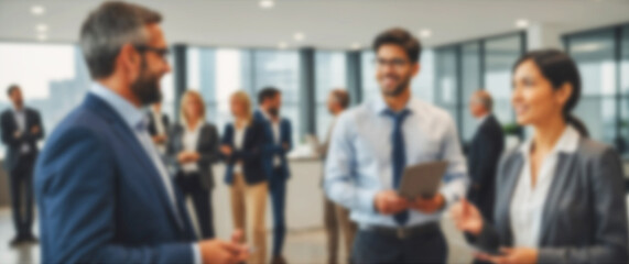Three businesspeople connecting over ideas in a sleek, modern workplace, slightly unfocused