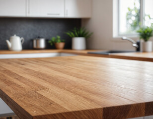 White kitchen table with blurred background of a modern kitchen. Perfect for showcasing products or food.