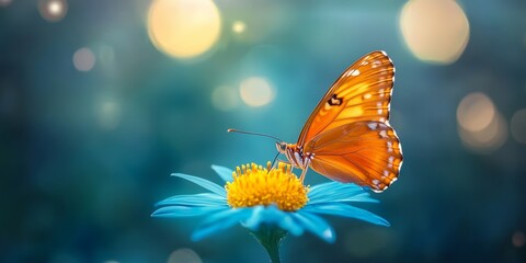 A beautiful butterfly is gently perched on top of a blue flower
