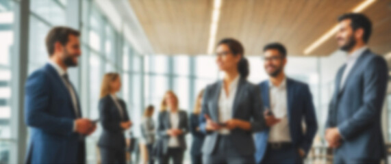 Colleagues networking and building relationships in a blurred office background