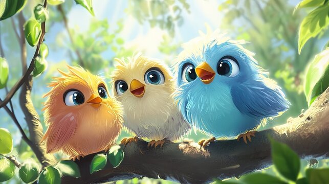 a cute baby's birds in cartoon style, in dreamwork