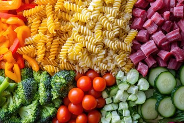 Vegetables and pasta in a vibrant array.