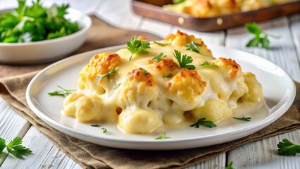 Creamy cauliflower casserole with melted cheese and golden bechamel sauce atop a white plate