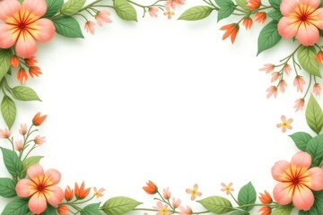 Fototapeta premium Beautiful Floral Border with Peach and Orange Flowers and Leaves