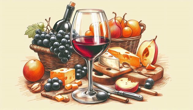 wine glass with cheese and fruits still life clip art preview