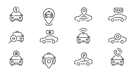 Taxi service line icon set. Rideshare, cab, car, travel driver, passenger, taxi app, fare, Hail a Cab, location, rent a car, vector icon collection. UI outline icon pack