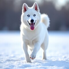 Naklejka premium Beautiful White Husky Dog Running in Snow