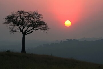 Majestic baobab tree silhouette against a vibrant african sunset painting the horizon with warm hues and tranquil atmosphere capturing the essence of nature