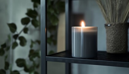 A sleek grey candle glowing on a black metal shelf with modern industrial decor