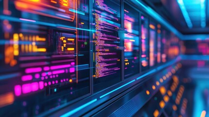 Obraz premium Neon Glow: Server Room's Digital Symphony