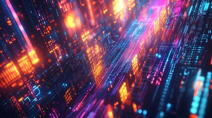 Obraz premium Abstract Digital Cityscape Neon Lights Data Streams