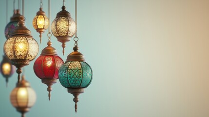 Ramadan - themed Hanging Lanterns with Intricate Designs and Vibrant Colors. Ideal Islamic Decor for Festive Celebrations.