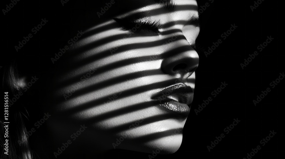 Poster soft light filters through, casting dappled shadows across a woman's face, highlighting her features