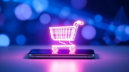 Glowing Shopping Cart Floating Above Phone