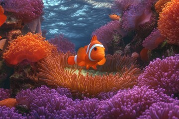 Brightly colored clownfish swims through vibrant coral reefs, sh