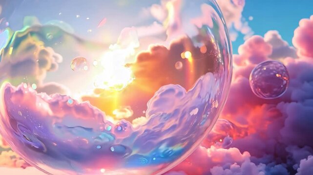 Magical floating bubble reflecting a dreamy pastel sky filled with fluffy pink clouds, symbolizing fantasy, imagination, tranquility, and an ethereal dreamlike atmosphere in surreal art.