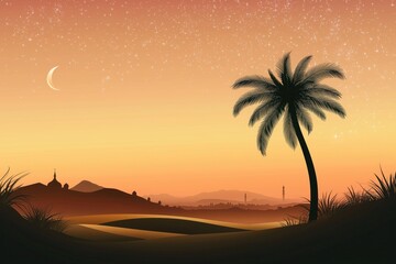 Ramadan - themed landscape illustration with a palm tree, desert dunes, and a mosque silhouette under a star - filled sky with a crescent moon. 
