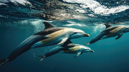 Obraz premium Graceful dolphins swim together, showcasing vibrant colors and s