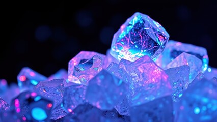 Ice cubes with neon patterns and dark background