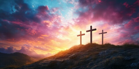 Sunrise over three crosses on a hilltop creating a serene and reflective atmosphere at dawn