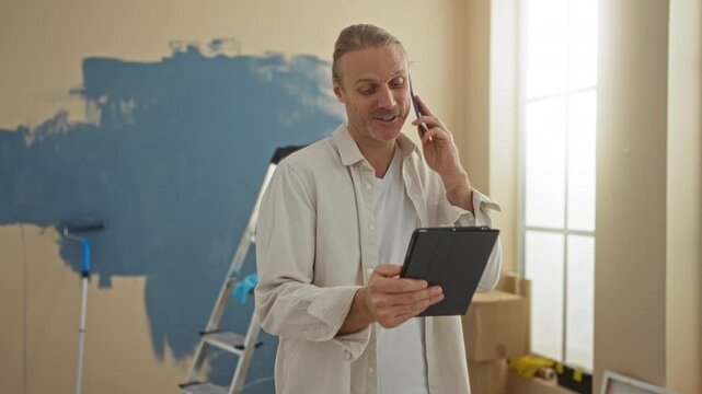 Man talking on phone while holding tablet in a home under renovation with painting supplies and boxes scattered in the bright living room.