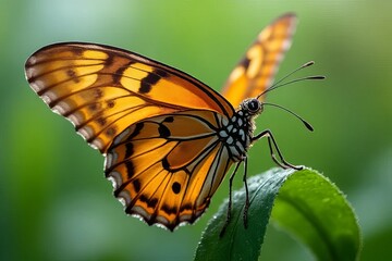 Naklejka premium Close-up of a Beautiful Orange and Black Butterfly on a Leaf