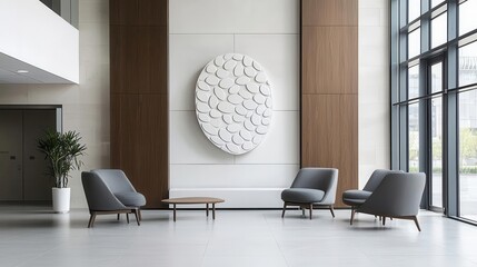 Elegant office waiting room with a decorative Easter egg sculpture and modern seating