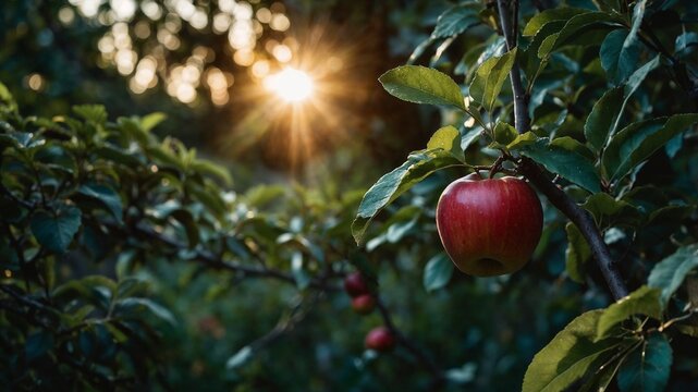 A Ripen apple on a tree branch in a sunny morning  - Powered by Adobe