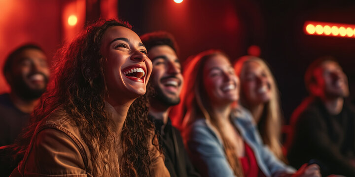 People laughing and enjoying a comedy show in a crowded theater, surrounded by smiling audience members.