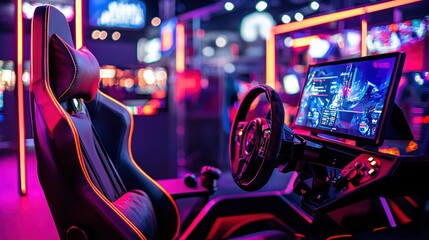 Immersive Gaming Setup: Neon Lights and High-Tech Racing Simulator
