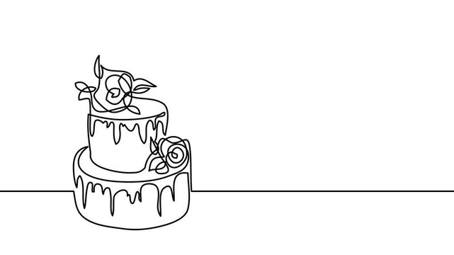 Cake single line animated illustration. One continuous self drawing line animation, footage of wedding or birthday cake