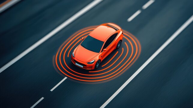An aerial view of an orange car on a highway, surrounded by concentric circles, symbolizing advanced technology and sensor capability.