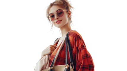 Fashion influencer in a trendy outfit, holding stylish bags, confident smile, isolated PNG