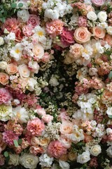 A circular floral arrangement with peonies and small white flowers.